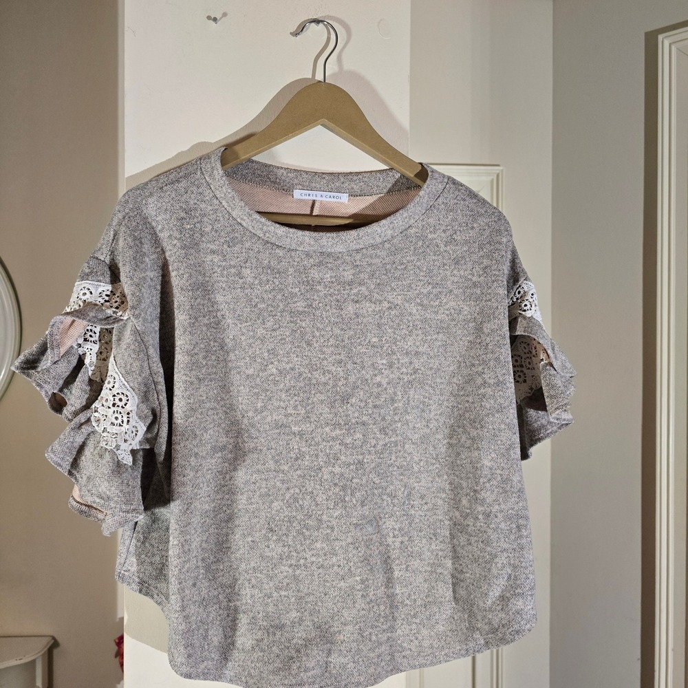 Chris & Carol Heather Gray Ruffle Lace Sleeve Knit Top Blouse Small E19650T